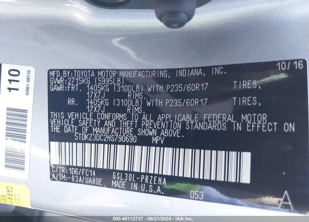 2017 TOYOTA SIENNA LE 8 PASSENGER VIN: 5TDKZ3DC2HS790690