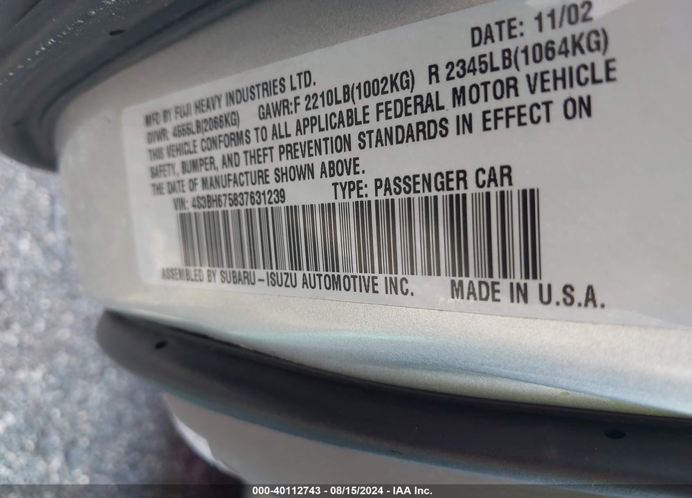 2003 SUBARU OUTBACK VIN: 4S3BH675837631239