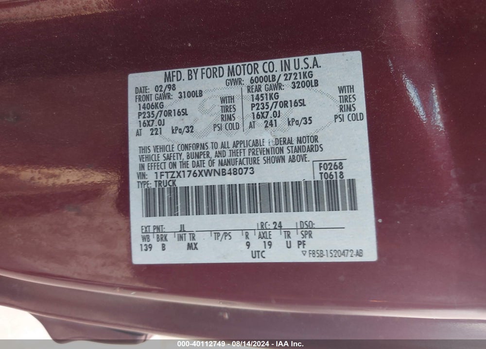 1998 FORD F-150 LARIAT/STANDARD/XL/XLT VIN: 1FTZX176XWNB48073