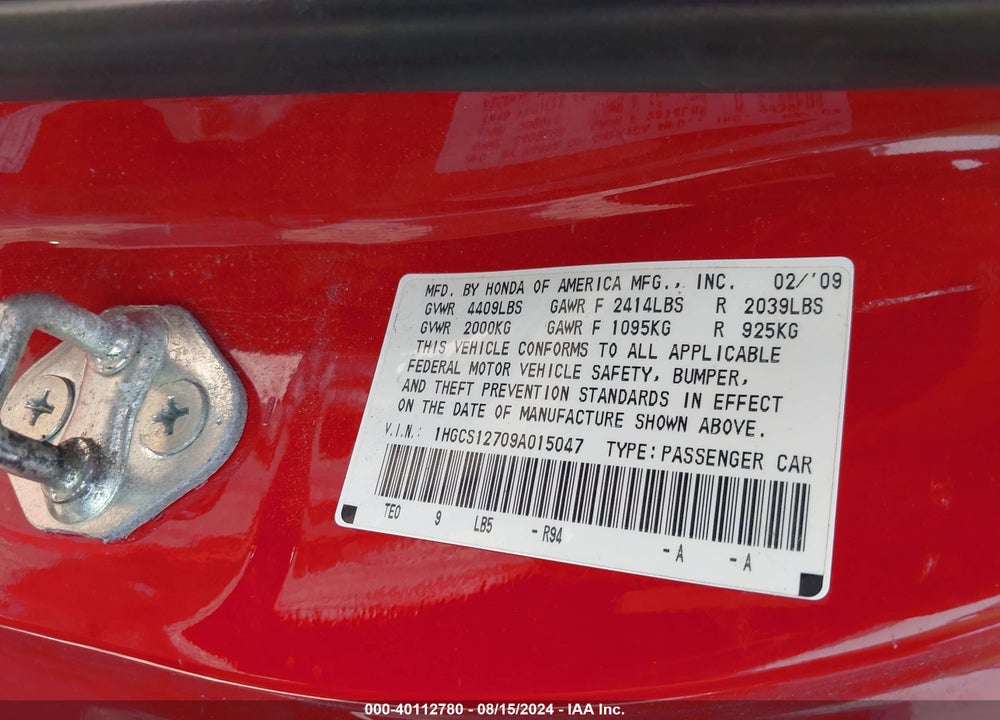 2009 HONDA ACCORD 2.4 EX VIN: 1HGCS12709A015047