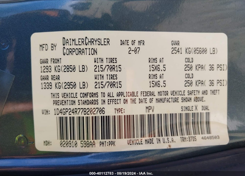 2007 DODGE GRAND CARAVAN SE VIN: 1D4GP24R77B202706