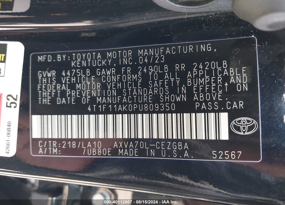 2023 TOYOTA CAMRY XLE VIN: 4T1F11AK0PU809350