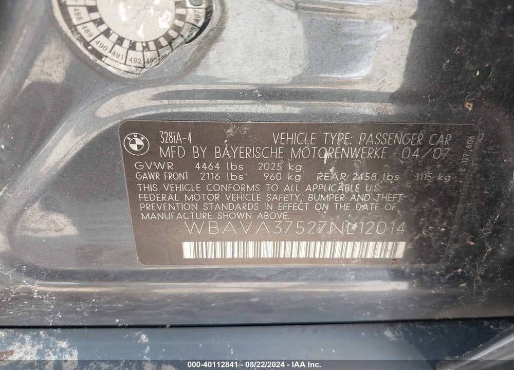 2007 BMW 328I VIN: WBAVA37527NL12014