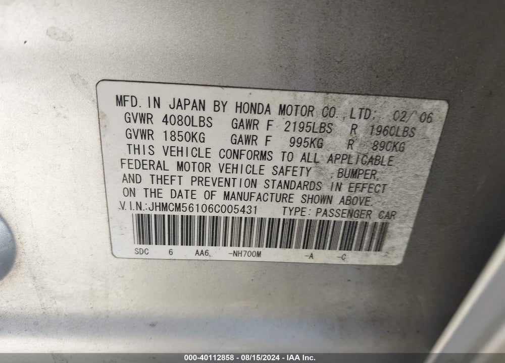 2006 HONDA ACCORD 2.4 VP VIN: JHMCM56106C005431
