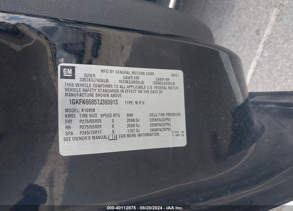 2007 GMC YUKON XL 1500 DENALI VIN: 1GKFK66857J393913