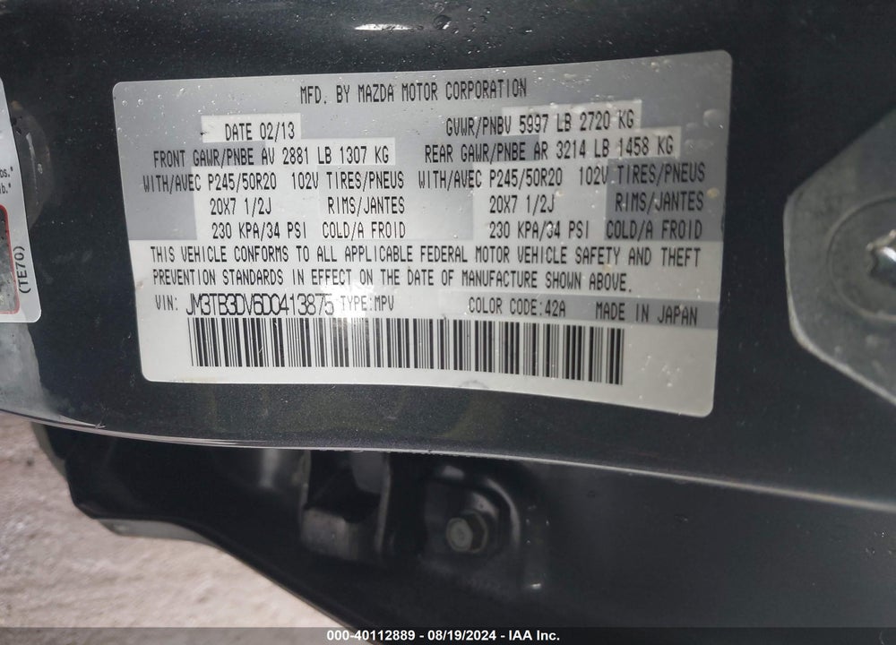 2013 MAZDA CX-9 GRAND TOURING VIN: JM3TB3DV6D0413875