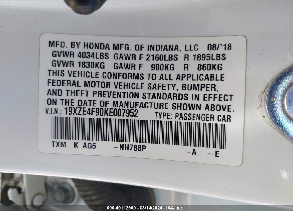 2019 HONDA INSIGHT TOURING VIN: 19XZE4F90KE007952