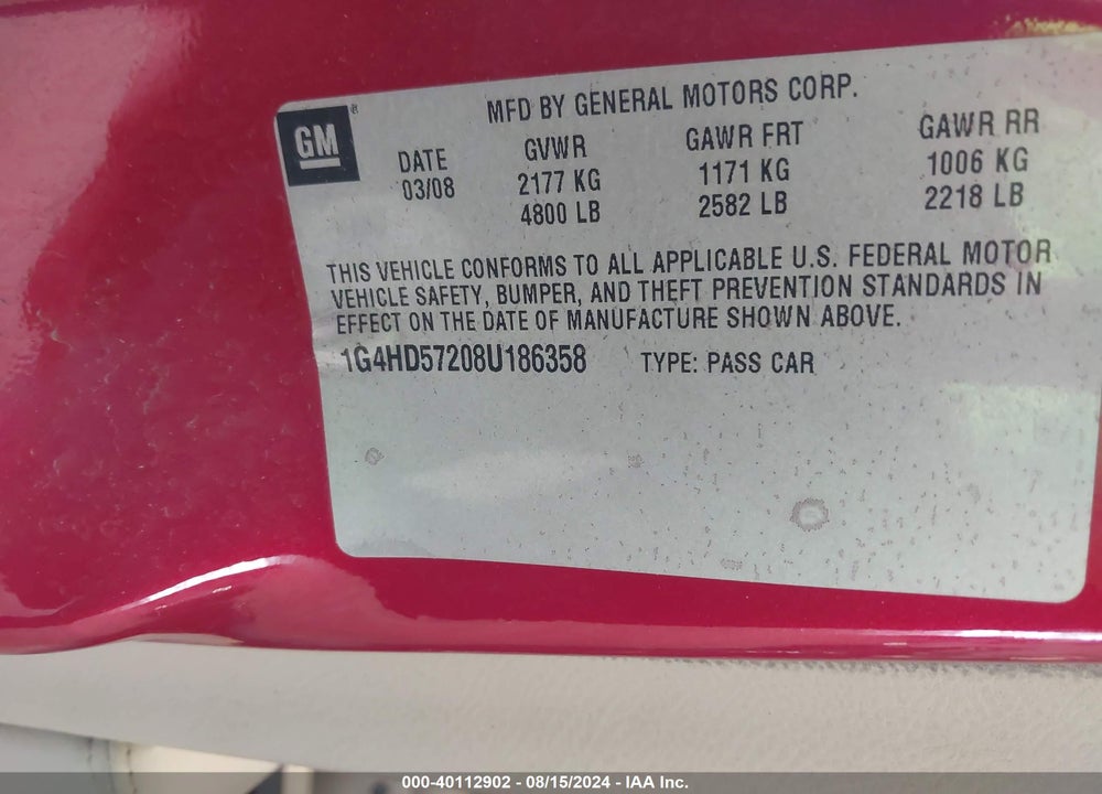 2008 BUICK LUCERNE CXL VIN: 1G4HD57208U186358