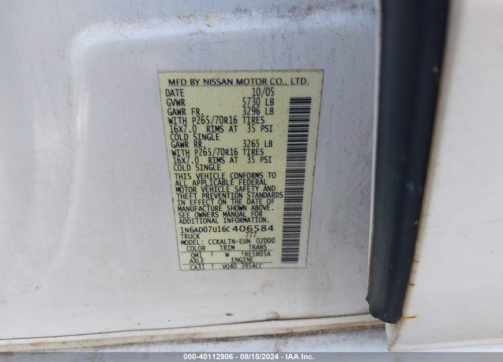 2006 NISSAN FRONTIER SE VIN: 1N6AD07U16C406584