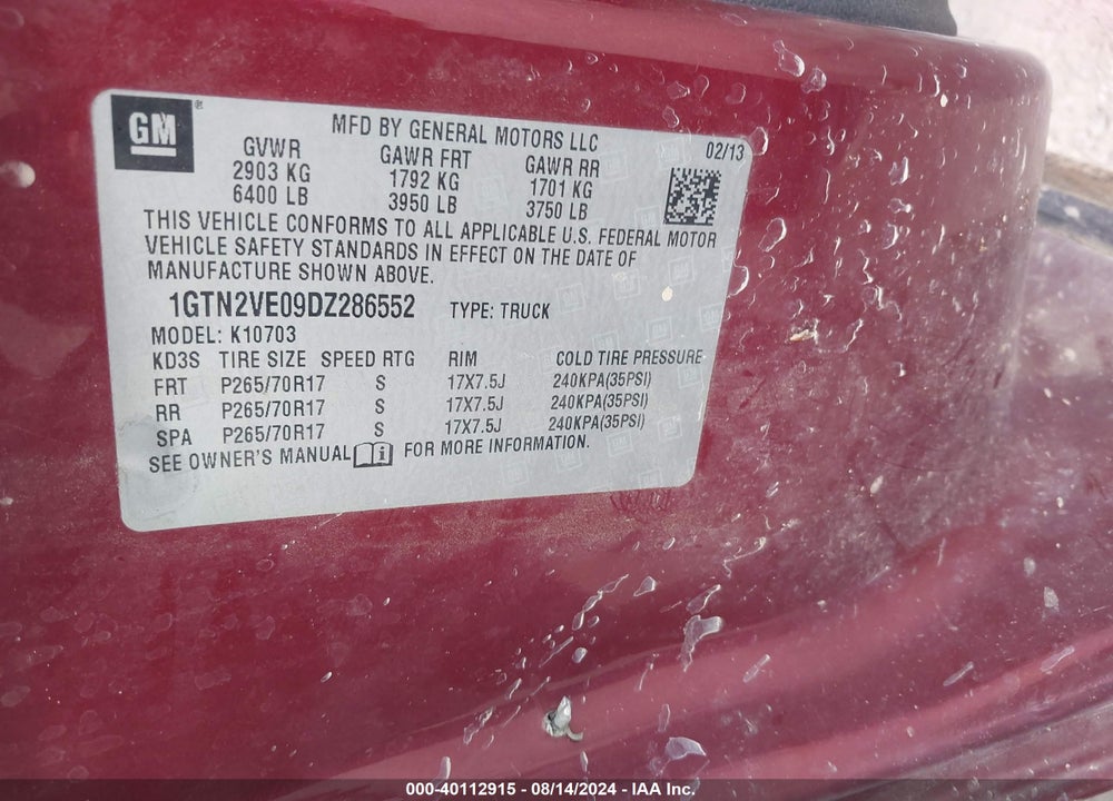 2013 GMC SIERRA 1500 SLE VIN: 1GTN2VE09DZ286552