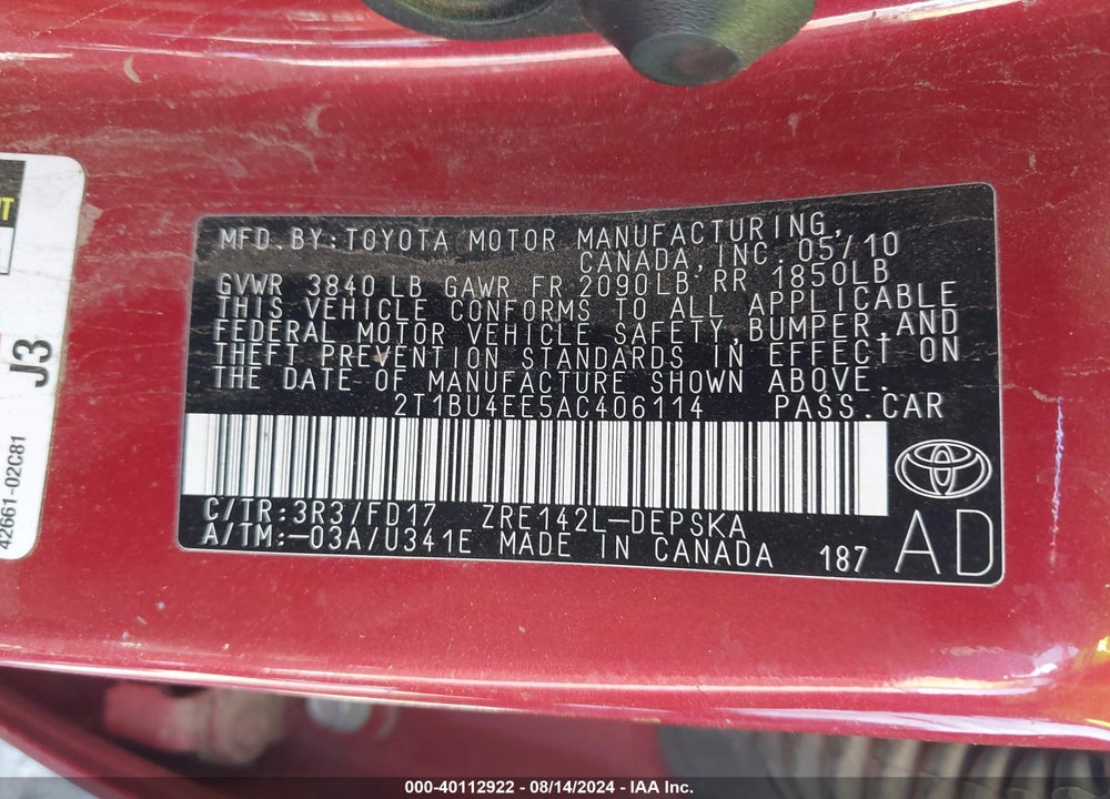2010 TOYOTA COROLLA S VIN: 2T1BU4EE5AC406114