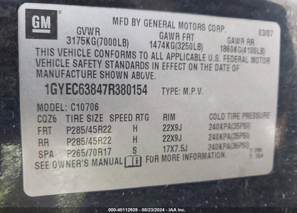 2007 CADILLAC ESCALADE STANDARD VIN: 1GYEC63847R380154