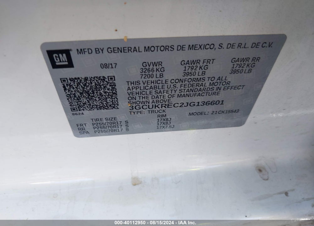 2018 CHEVROLET SILVERADO 1500 1LT VIN: 3GCUKREC2JG136601