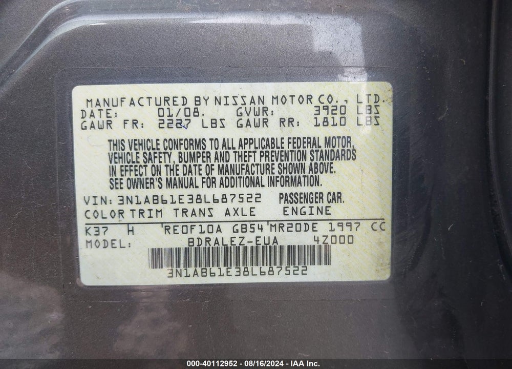2008 NISSAN SENTRA 2.0S VIN: 3N1AB61E38L687522