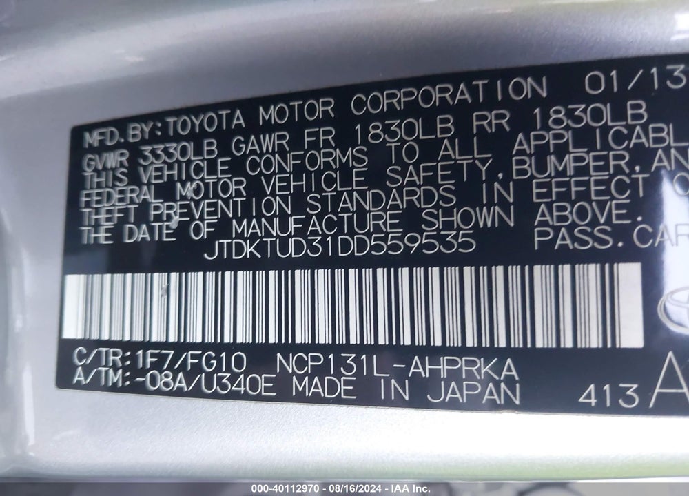 2013 TOYOTA YARIS L VIN: JTDKTUD31DD559535