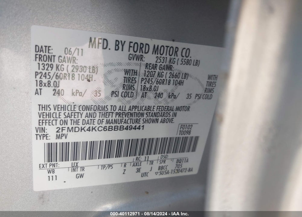 2011 FORD EDGE LIMITED VIN: 2FMDK4KC6BBB49441