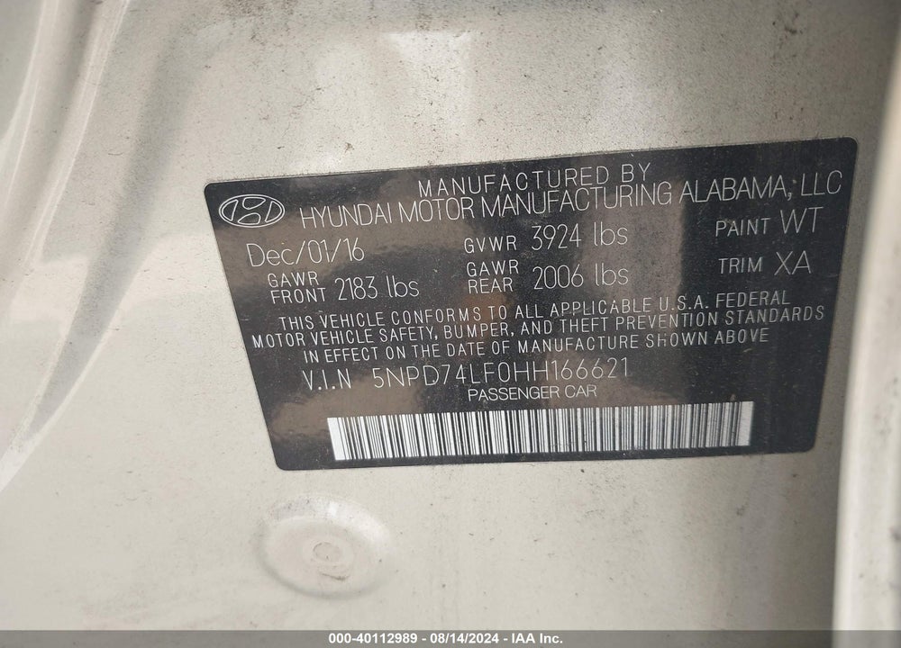 2017 HYUNDAI ELANTRA SE VIN: 5NPD74LF0HH166621