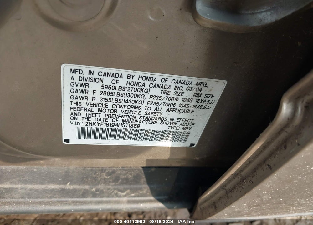 2004 HONDA PILOT LX VIN: 2HKYF18194H571869