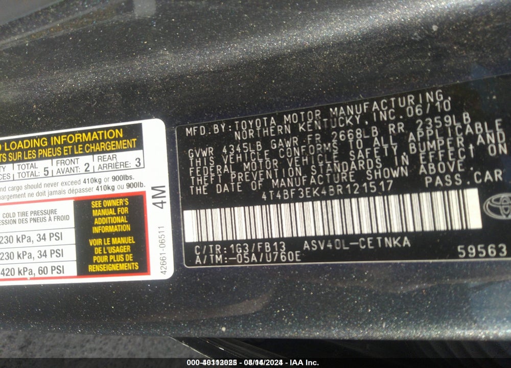 2011 TOYOTA CAMRY LE VIN: 4T4BF3EK4BR121517