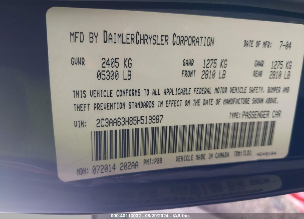 2005 CHRYSLER 300C VIN: 2C3AA63H85H519987