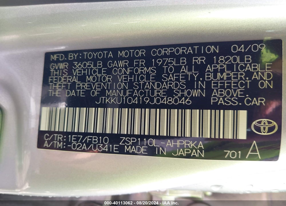 2009 SCION XD VIN: JTKKU10419J048046
