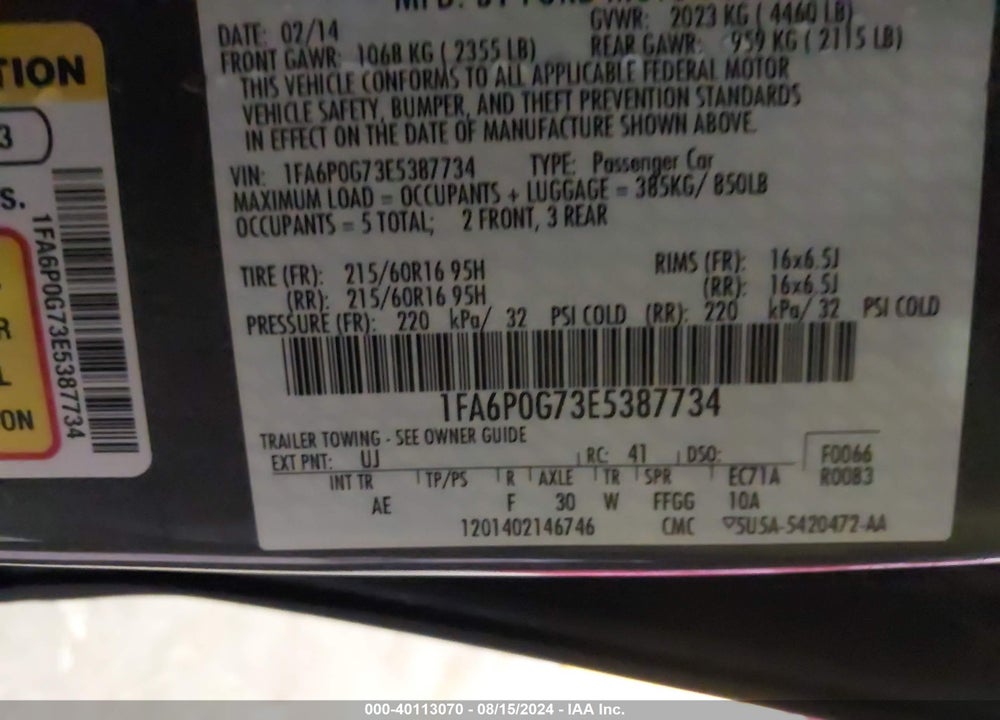 2014 FORD FUSION S VIN: 1FA6P0G73E5387734
