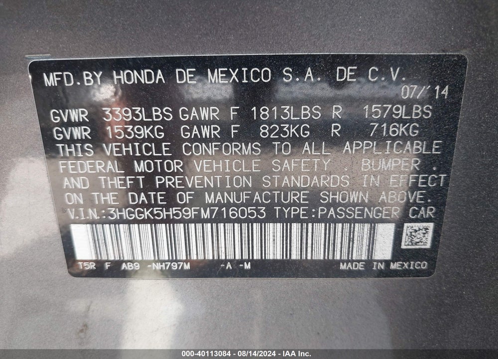 2015 HONDA FIT LX VIN: 3HGGK5H59FM716053