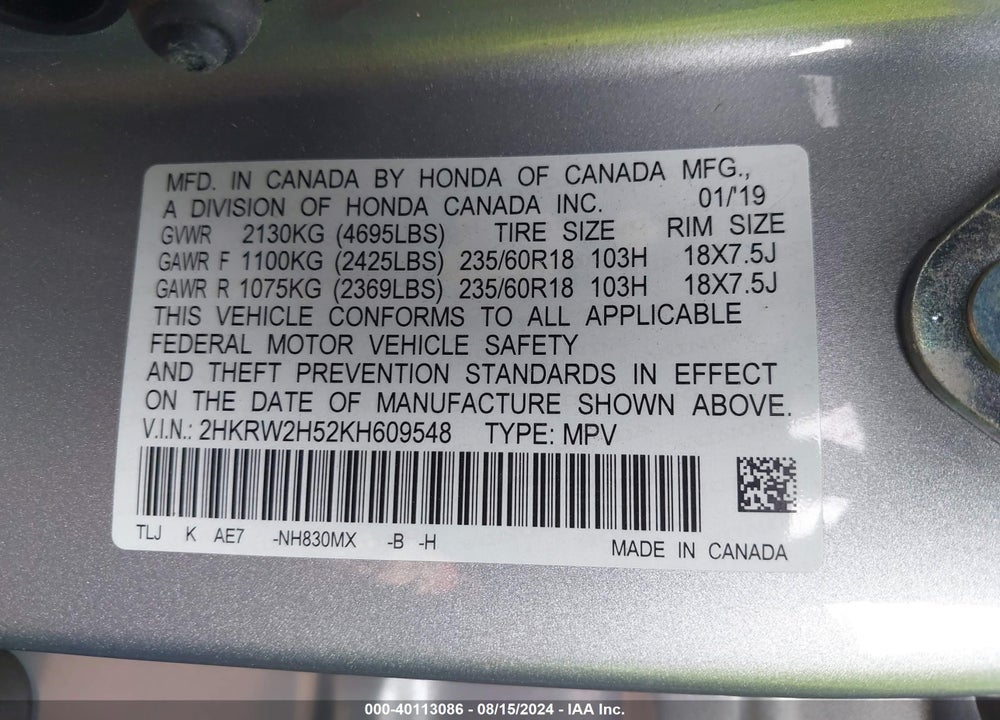 2019 HONDA CR-V EX VIN: 2HKRW2H52KH609548