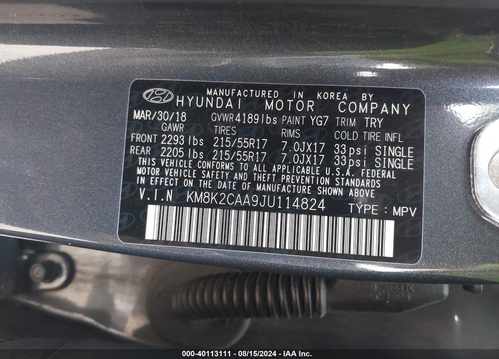 2018 HYUNDAI KONA SEL VIN: KM8K2CAA9JU114824