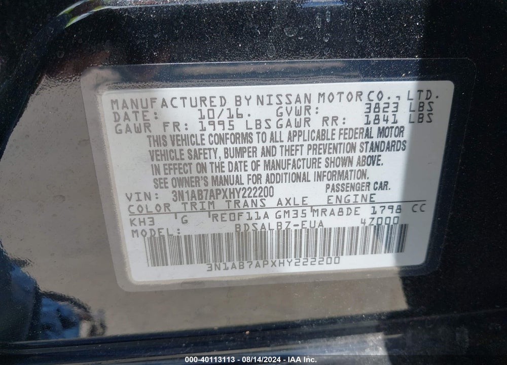 2017 NISSAN SENTRA S VIN: 3N1AB7APXHY222200