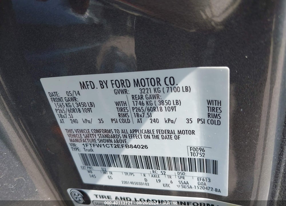 2014 FORD F-150 XLT VIN: 1FTFW1CT2EFB84026