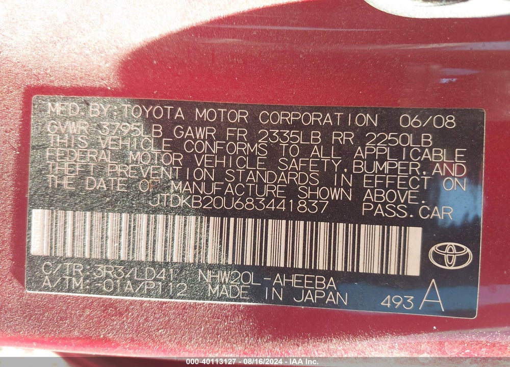 2008 TOYOTA PRIUS TOURING VIN: JTDKB20U683441837