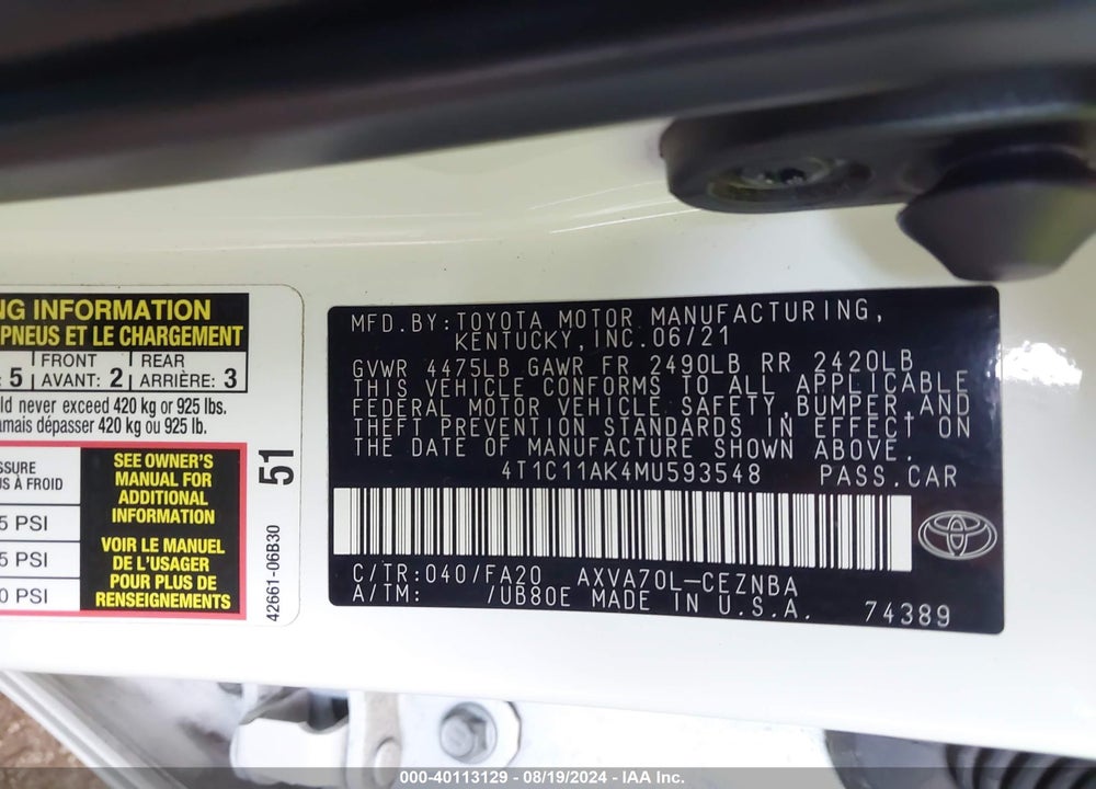 2021 TOYOTA CAMRY LE VIN: 4T1C11AK4MU593548