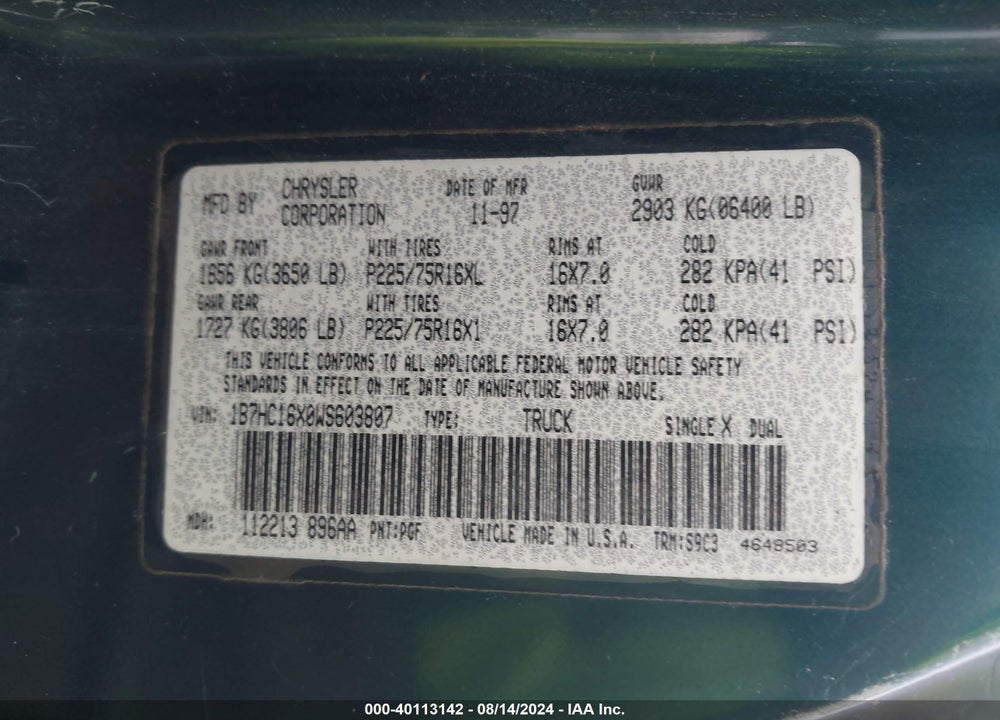 1998 DODGE RAM 1500 ST/WS VIN: 1B7HC16X0WS603807