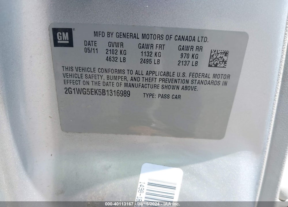 2011 CHEVROLET IMPALA LT VIN: 2G1WG5EK5B1316989