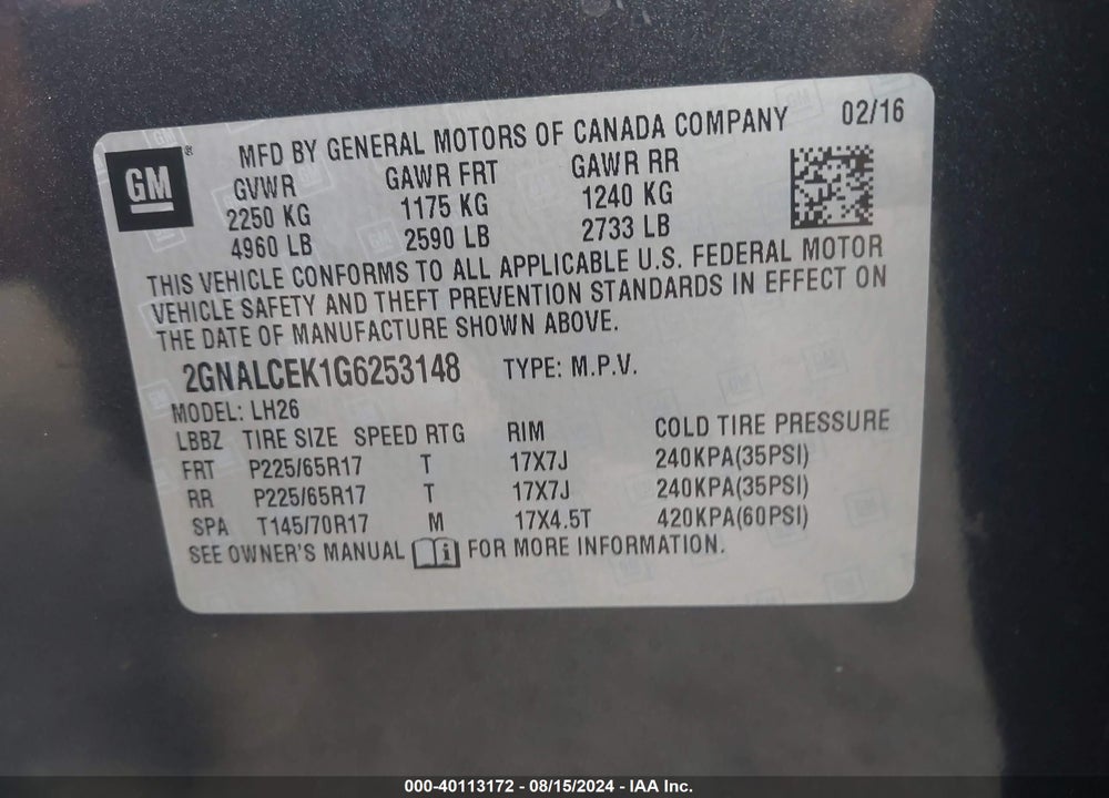 2016 CHEVROLET EQUINOX VIN: 2GNALCEK1G6253148