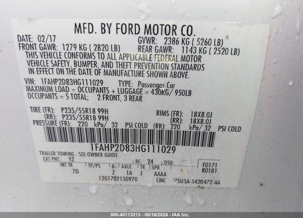 2017 FORD TAURUS SE VIN: 1FAHP2D83HG111029