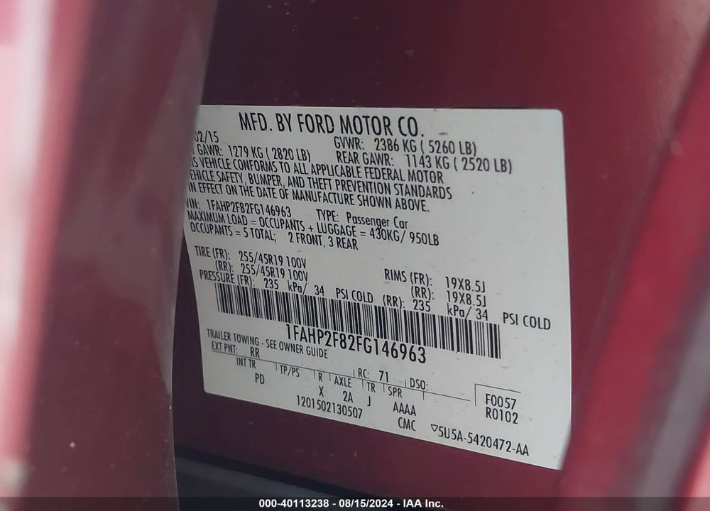 2015 FORD TAURUS LIMITED VIN: 1FAHP2F82FG146963