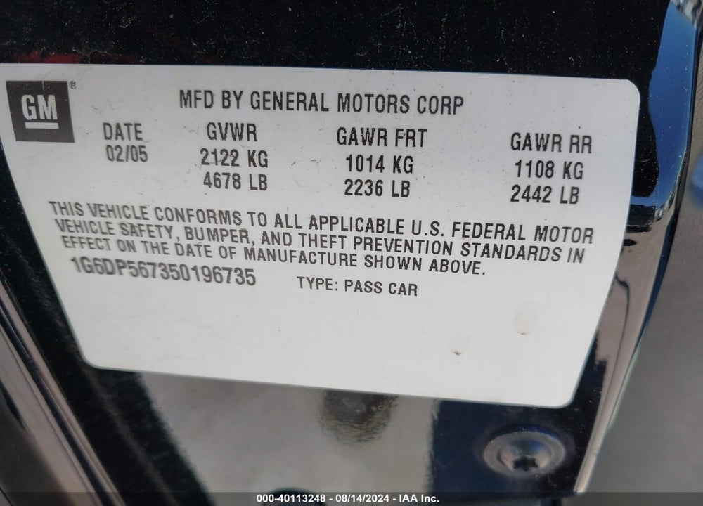 2005 CADILLAC CTS STANDARD VIN: 1G6DP567350196735
