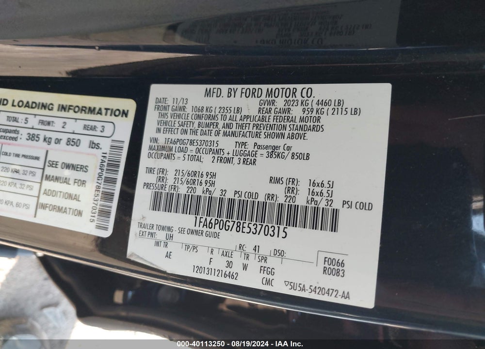 2014 FORD FUSION S VIN: 1FA6P0G78E5370315
