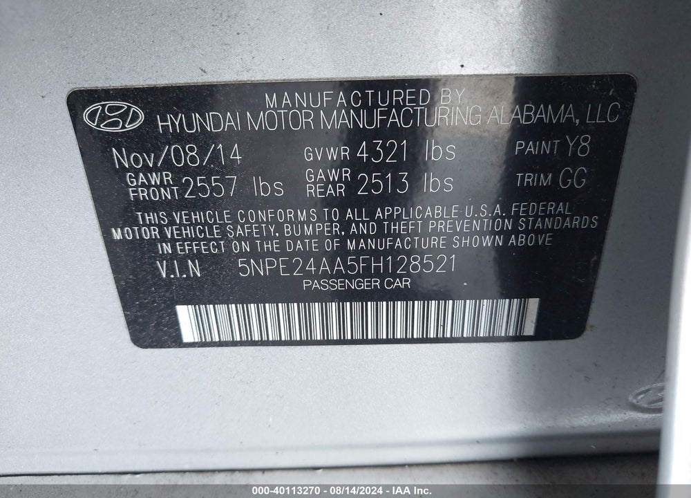 2015 HYUNDAI SONATA ECO VIN: 5NPE24AA5FH128521
