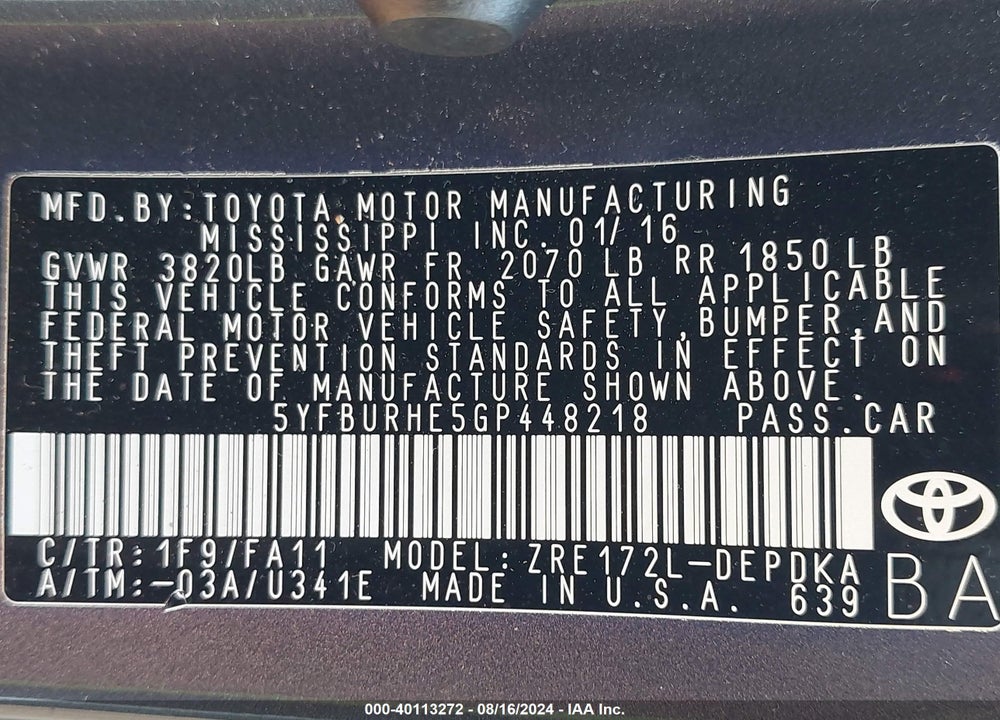 2016 TOYOTA COROLLA L VIN: 5YFBURHE5GP448218