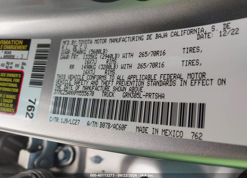 2023 TOYOTA TACOMA VIN: 3TMCZ5ANXPM555670