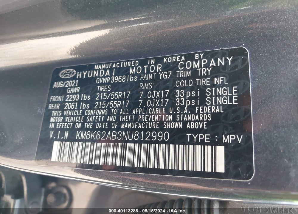 2022 HYUNDAI KONA SEL VIN: KM8K62AB3NU812990
