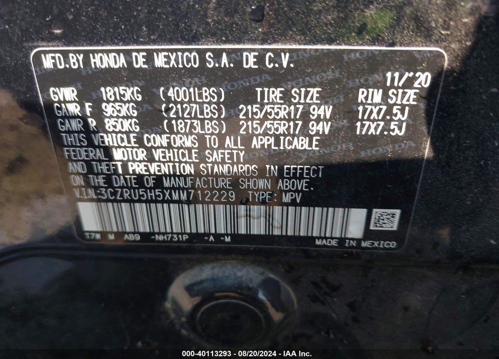 2021 HONDA HR-V 2WD EX VIN: 3CZRU5H5XMM712229