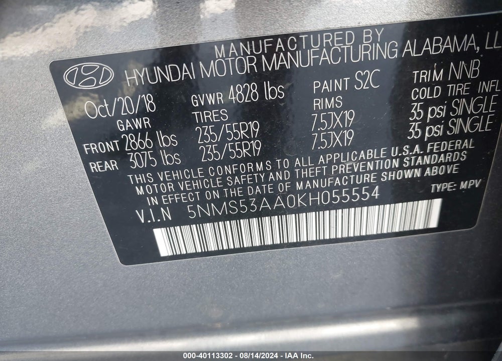 2019 HYUNDAI SANTA FE LIMITED 2.0T VIN: 5NMS53AA0KH055554
