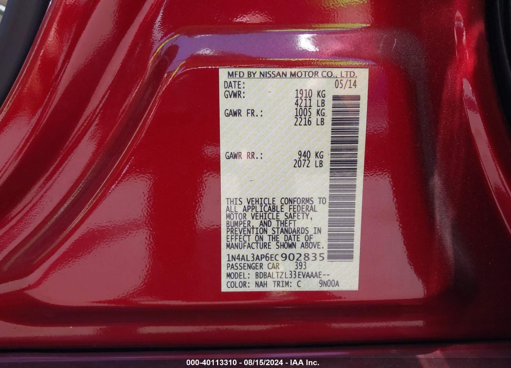 2014 NISSAN ALTIMA 2.5 SV VIN: 1N4AL3AP6EC902835