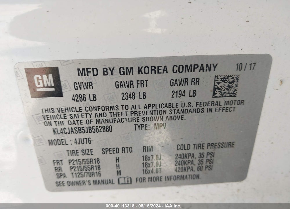 2018 BUICK ENCORE PREFERRED VIN: KL4CJASB5JB562880