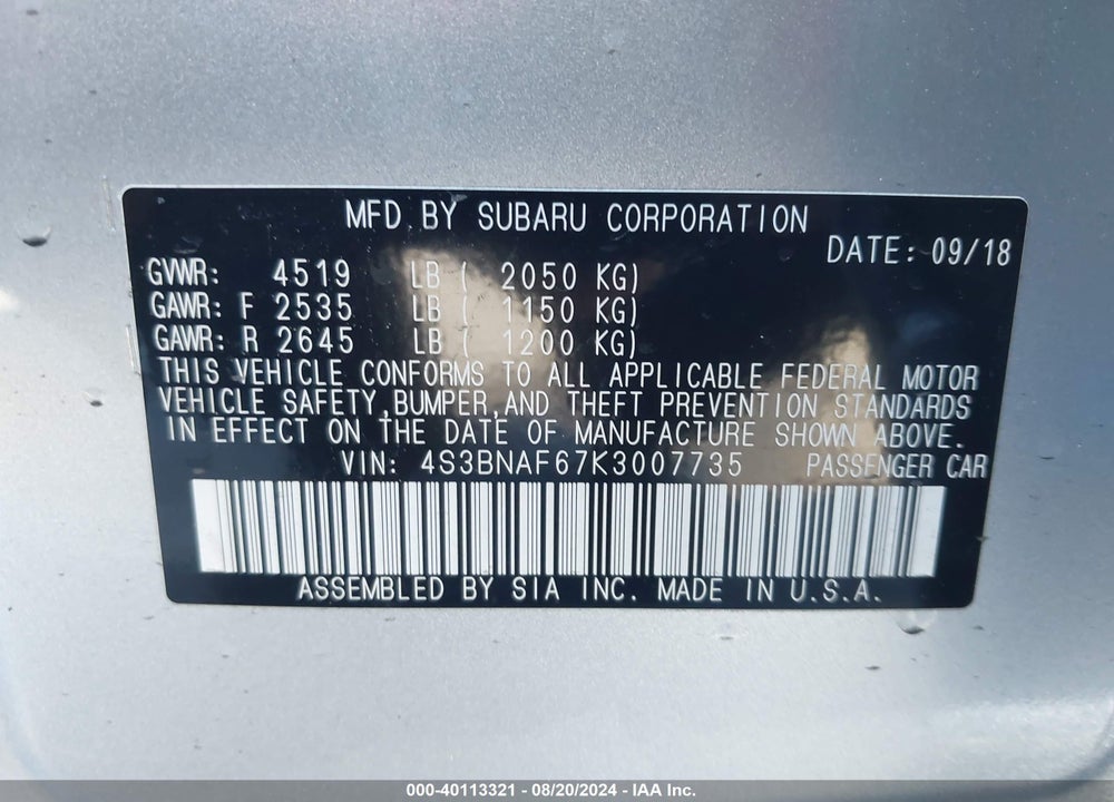2019 SUBARU LEGACY 2.5I PREMIUM VIN: 4S3BNAF67K3007735