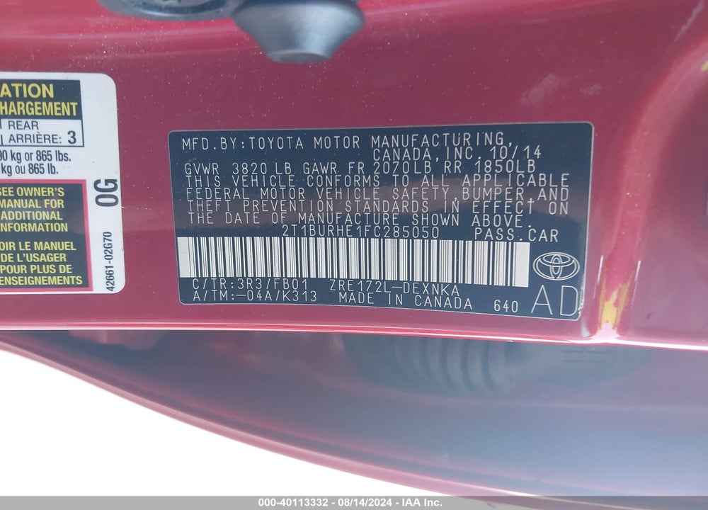 2015 TOYOTA COROLLA LE VIN: 2T1BURHE1FC285050
